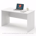 White office computer table with three-drawer mobile storage unit, laptop, and accessories