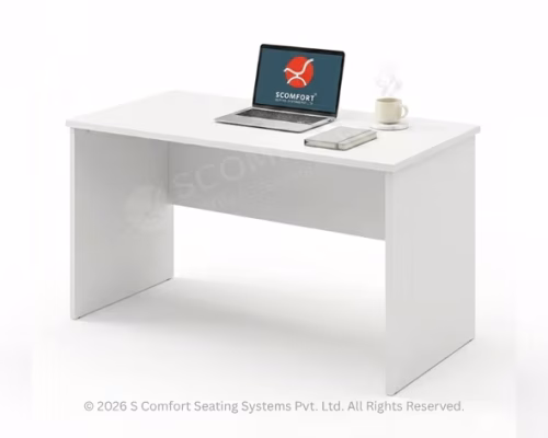 White office computer table with three-drawer mobile storage unit, laptop, and accessories