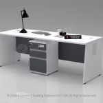 Modern white executive office desk with a dark grey front panel and minimalist accessories.