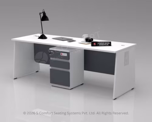 Modern white executive office desk with a dark grey front panel and minimalist accessories.