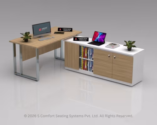 Modern L-Shaped Executive Desk with Extended Credenza