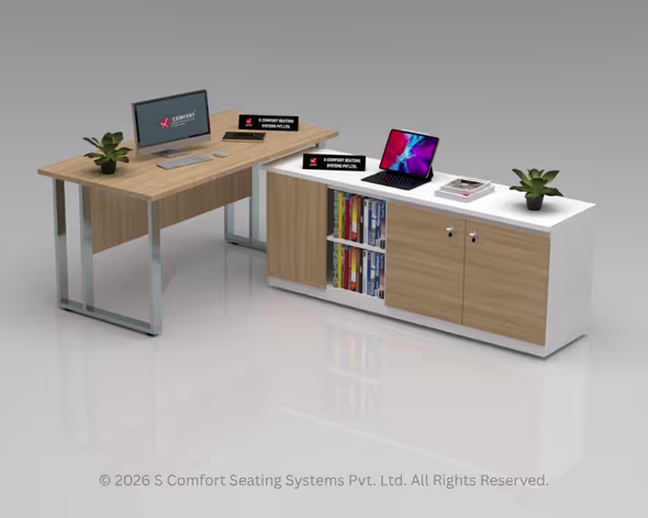 Modern L-Shaped Executive Desk with Extended Credenza