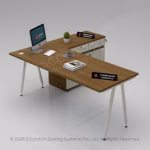 An elevated angle shot of an L-shaped executive desk featuring a dark wood finish, white A-frame legs, and an attached matching side storage unit with branding accents.