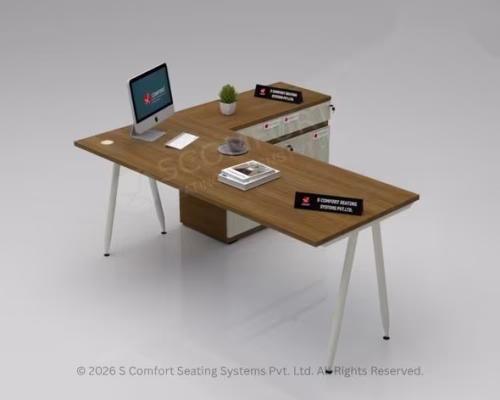 An elevated angle shot of an L-shaped executive desk featuring a dark wood finish, white A-frame legs, and an attached matching side storage unit with branding accents.