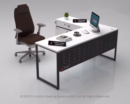 Modern White and Charcoal L-Shaped Executive Desk with Brown Ergonomic Chair