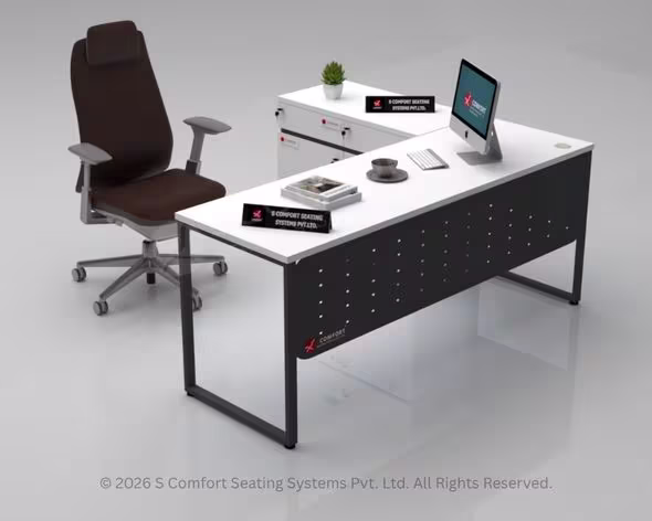 Modern White and Charcoal L-Shaped Executive Desk with Brown Ergonomic Chair