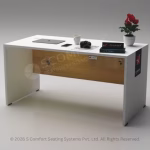 Modern white computer table with a wooden front panel, two drawers, and a spacious worktop.