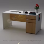Modern white computer table with a wooden storage cabinet, drawer, and spacious worktop.