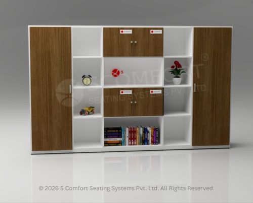 Large modular office storage system with a white frame and light wood doors, featuring low cabinets, open bookshelves, and tall closed storage sections.