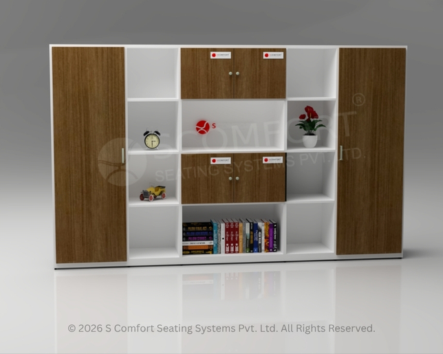 Large modular office storage system with a white frame and light wood doors, featuring low cabinets, open bookshelves, and tall closed storage sections.
