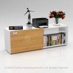 Low white office credenza featuring a light wood-finish sliding door on the left, open bookshelves and a drawer on the right, holding a printer and decor on top.