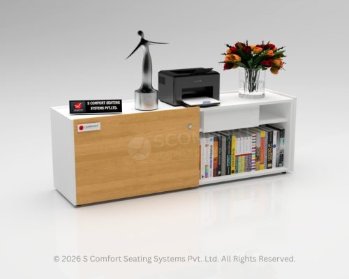 Low white office credenza featuring a light wood-finish sliding door on the left, open bookshelves and a drawer on the right, holding a printer and decor on top.