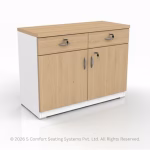 Low white office cabinet with a light wood-finish top, two lockable top drawers, and two lockable lower doors.