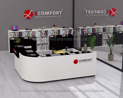 Modern white curved office reception desk with integrated storage, display shelves, and S Comfort branding.