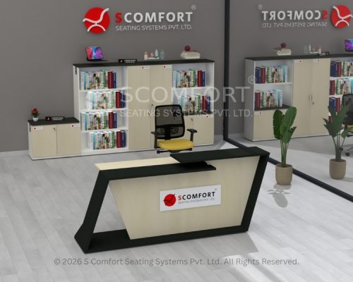 Modern black-framed reception desk with cream wood finish, Scomfort branding, office chair, storage cabinets, and bookshelves.