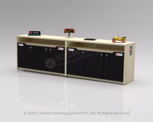 Long light wood office storage unit featuring open upper shelves and six lockable black doors, holding decor on top.