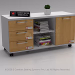 Low white mobile office storage unit on wheels featuring three light wood-finish drawers, central open shelves filled with books, and one lockable light wood-finish door.