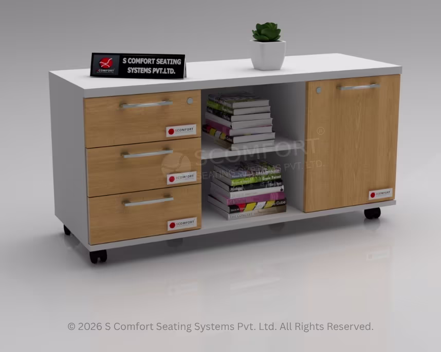 Low white mobile office storage unit on wheels featuring three light wood-finish drawers, central open shelves filled with books, and one lockable light wood-finish door.