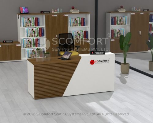 Modern wooden office reception desk with white front panel, Scomfort branding, and storage cabinets in a contemporary office.