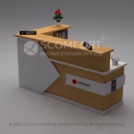 Modern dual-level white and wood reception desk with built-in shelving and a geometric front panel design.