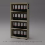 Tall, beige open bookcase featuring four shelves completely filled with identical binders.