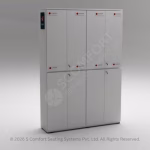 Tall white office storage cabinet featuring eight lockable doors arranged in two tiers of four.