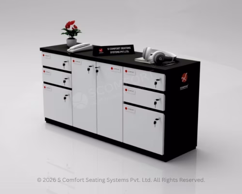 Black office credenza with white fronts, featuring four lockable drawers and four lockable cabinet doors, holding a plant and office accessories on top.