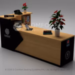 A modern reception desk featuring a light wood finish with striking black geometric panels, a raised counter section on the left, built-in shelving, and decorated with red flowering plants.