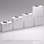 Four white two-door office cabinets of increasing heights arranged side-by-side.