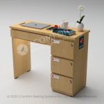 Compact wooden office computer desk with three lockable drawers, spacious tabletop, laptop, keyboard, and decorative office accessories.