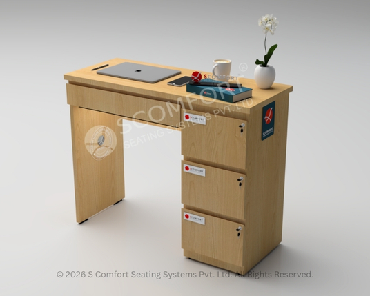 Compact wooden office computer desk with three lockable drawers, spacious tabletop, laptop, keyboard, and decorative office accessories.