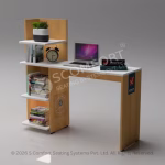 Modern wooden office computer table with side storage shelves, laptop workspace, books, clock, and decorative plant.