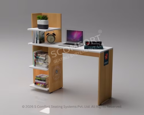 Modern wooden office computer table with side storage shelves, laptop workspace, books, clock, and decorative plant.