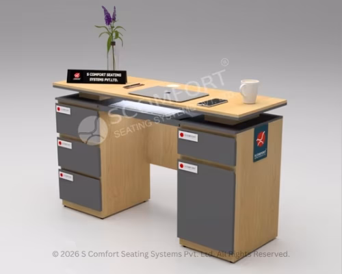 Modern wooden executive office workstation with dark grey drawers, storage cabinets, spacious desk surface, keyboard tray, and office accessories.