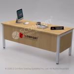 Modern wooden executive office computer table with white metal legs and a full-length wooden modesty panel.