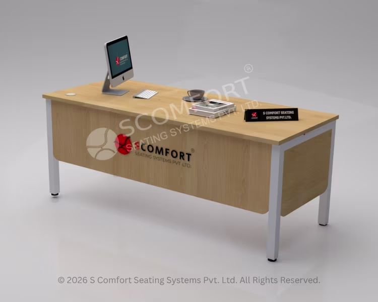 Modern wooden executive office computer table with white metal legs and a full-length wooden modesty panel.