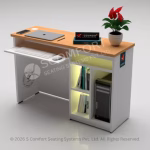 Modern wooden office computer table with laptop space, keyboard tray, built-in CPU storage, shelves, and decorative plant.