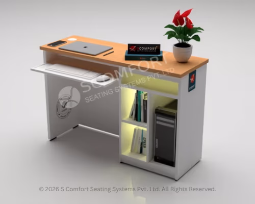 Modern wooden office computer table with laptop space, keyboard tray, built-in CPU storage, shelves, and decorative plant.