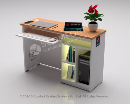 Modern wooden office computer table with laptop space, keyboard tray, built-in CPU storage, shelves, and decorative plant.