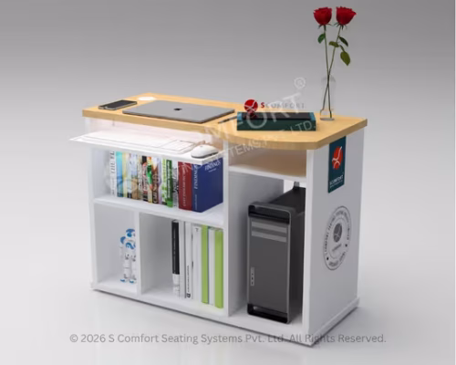 Modern wooden and white office computer desk with open bookshelf storage, CPU compartment, keyboard tray, and spacious worktop.