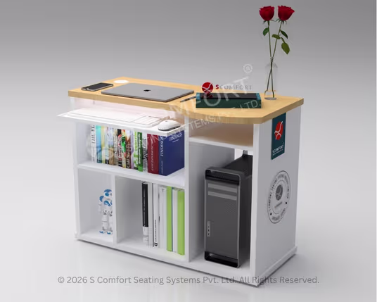 Modern wooden and white office computer desk with open bookshelf storage, CPU compartment, keyboard tray, and spacious worktop.