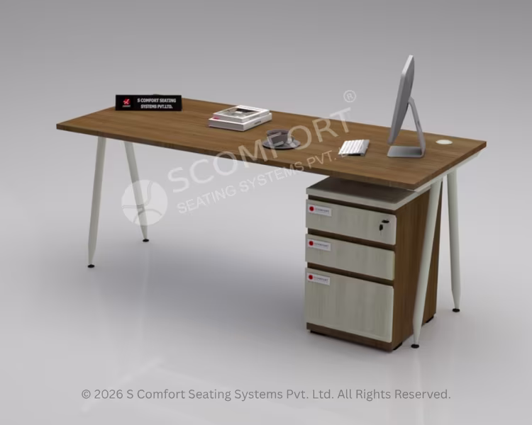A modern wooden office desk featuring angled white cone legs and a built-in three-drawer storage cabinet, set against a plain light gray background.