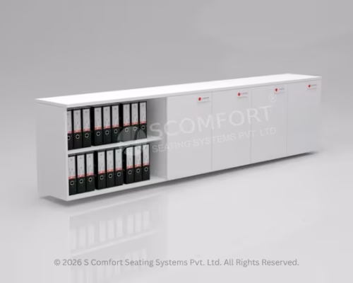 Wide white wall-mounted office storage unit featuring open shelves filled with binders on the left and four closed cabinet doors on the right.