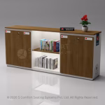 Wide office credenza with a white frame and dark wood-finish top and doors, featuring two closed side cabinets and illuminated central open shelves filled with books.