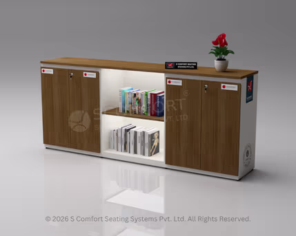 Wide office credenza with a white frame and dark wood-finish top and doors, featuring two closed side cabinets and illuminated central open shelves filled with books.