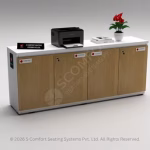Wide office credenza with a white frame and four wood-finish doors, holding a printer, plant, and books on top. Caption