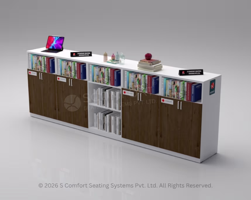 Long white office credenza featuring a top row of open bookshelves, a central open lower shelf, and four lockable dark wood-finish doors, holding a tablet and decor on top.