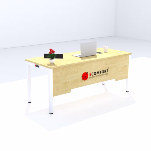 Premium wooden executive office desk with white metal legs, a spacious work surface, laptop, coffee mug, and decorative plant.