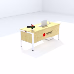 Modern executive office desk with a light wooden tabletop, white metal legs, laptop, coffee mug, and decorative plant.