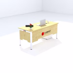 An elevated angle shot of a rectangular office desk with a light wood-grain finish, white metal legs,
